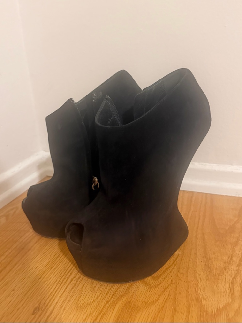 Giuseppe Zanotti Black Suede Peep-Toe Wedge Booties